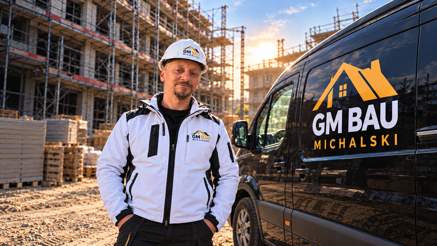 Grzegorz Michalski mit GM Bau Arbeitskleidung und Helm vor einer Baustelle und einem schwarzen Firmenfahrzeug